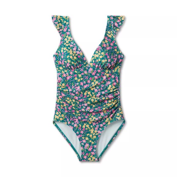 Ruffle Shoulder Ruched Full Coverage One Piece Swimsuit - Kona Sol™ - Picture 1 of 2